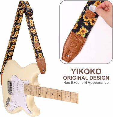 Гітарний ремінь 5,1 см з бавовняним друком, квітковий принт, з повним шкіряним кінцем, для бас-гітари, електро- та акустичної гітари, безкоштовна кнопка для ременя, фіксатори для ременя та медіатори. Жовті ромашки