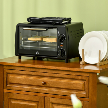 HOMCOM Міні-духовка 10 л, 750 Вт, до 230°C з таймером 60 хв, невелика електродуховка з декою та решіткою 36,5x26x22 см, чорна