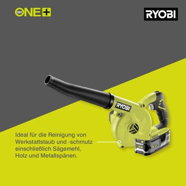 Повітродувка акумуляторна RYOBI 18V ONE+ R18TB-0, 2,9 м³/хв, 200 км/год, без акумулятора та зарядного пристрою