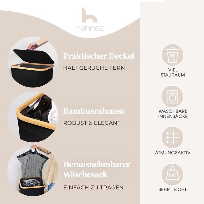 HENNEZ Laundry Basket with Lid, 2 Compartments, Slim Laundry Basket, Black, 141L Laundry Bag - Laundry Sorter, Anthracite Laundry Box, Laundry Bin, Black Laundry Collector with Lid, Laundry Chest, Dark Laundry Baskets