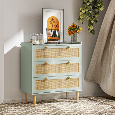 HOMCOM Bedside Table/Chest of Drawers with 3 Drawers, Sideboard with Boho Style, Rattan Look, Chest of Drawers for Living Room, Bedroom, Light Blue 80 x 40 x 87.5 cm | Aosom