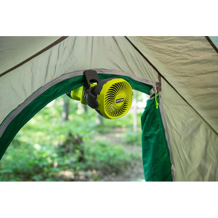 RYOBI RCF18-0 Акумуляторний Clip-вентилятор 18V, 10 см, Зелений. Компактний, портативний, 2 швидкості, гумова кліпса. Без акумулятора та зарядного пристрою