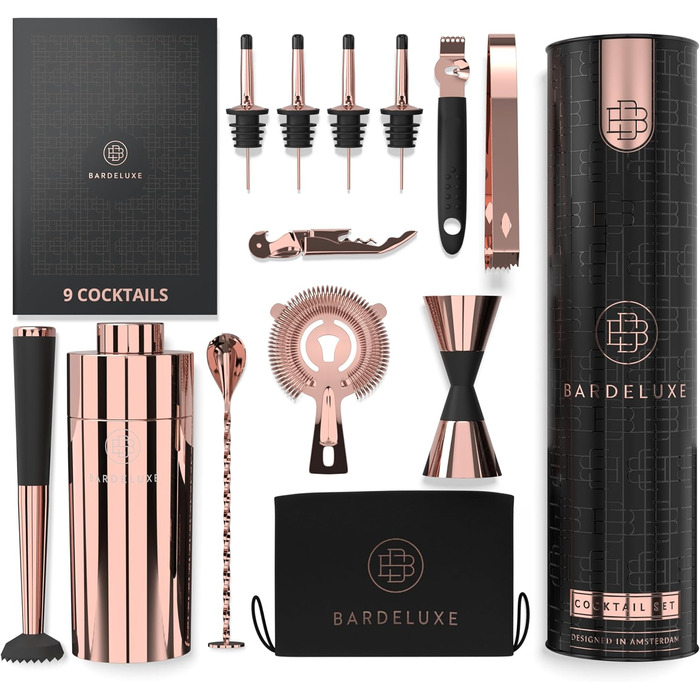 Набір для коктейлів BarDeluxe® 12 предметів: шейкер, міксер, аксесуари | 750 мл, нержавіюча сталь, рожеве золото | Преміум подарунковий набір для барменів
