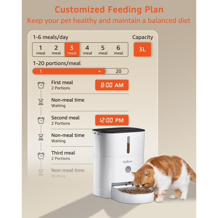 Автоматичний годівниця для котів Balimo 3L з таймером, нічником та мискою з нержавіючої сталі, для собак та котів, Fresh Lock