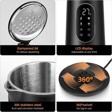 Електричний чайник Carehabi з регулюванням температури, 1.7 л, нержавіюча сталь, чорний, 40°C-100°C, 2200W, LED дисплей, подвійні стінки, функція підтримки тепла