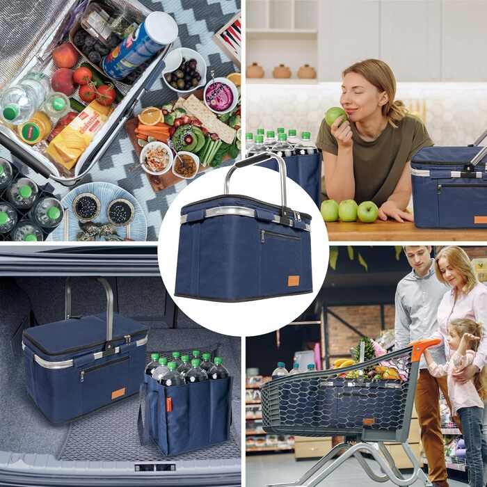 Foldable Shopping Basket 35L + Bottle Bag with 9 Compartments for Bottles up to 1.5L | Set of Large Insulated & Waterproof Cooler Bag + Bottle Basket: Lunch Bag, Bottle Carrier, Thermos Bag, Bottle Bag