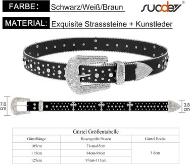 Чоловічий/Жіночий шкіряний ремінь SUOSDEY з стразами, декоративним хрестом, стиль ковбойський/вестерн, ширина 3.8 см, колір чорний/білий, довжина 115 см, підходить для талії 84-98 см