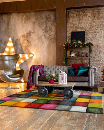 Килим Monde Deluxe для вітальні, короткий ворс, ручна різьба, багатобарвний, синій, червоний, коричневий, зелений, сірий, картатий, 200x290 см