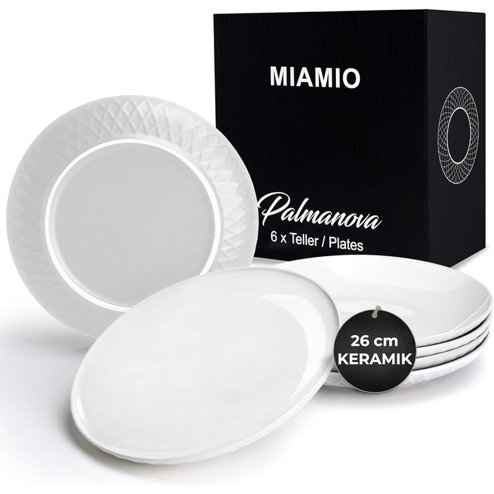 MIAMIO Набір посуду з 24 предметів з кераміки (тарілки) для 6 осіб, Palmanova Kollection. Підходить для миття в посудомийній машині та використання в мікрохвильовці.