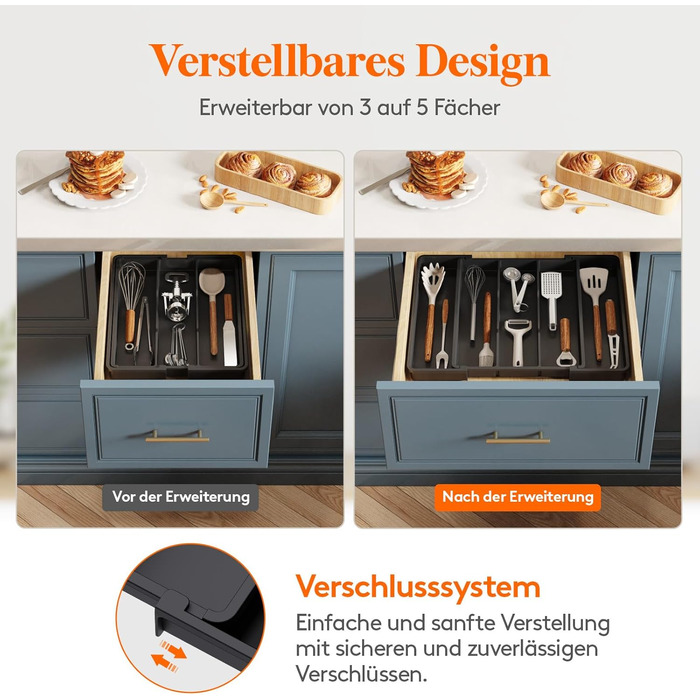 Органайзер для столових приборів Lifewit в шухляду, розширюваний 38-57 см, чорний, пластик, 28-44.5 x 35 x 4 см