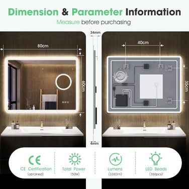 Дзеркало для ванної кімнати S'bagno з підсвічуванням 80x60 см, LED, Bluetooth, протитуманне покриття, 3 кольори, диммування, пам'ять налаштувань, загартоване скло, IP44, водонепроникність, горизонтальне/вертикальне встановлення