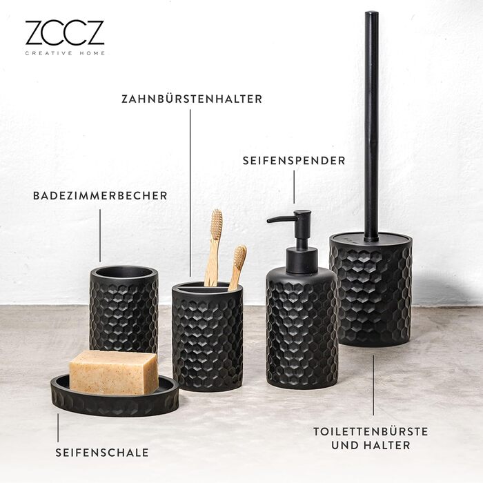 ZCCZ Bathroom Set – 5-Piece Organizer Set with Toilet Brush, Toothbrush Holder, Soap Dispenser, Soap Dish – Stylish Décor with Geometric Hexagon Pattern in Black for Modern Bathroom