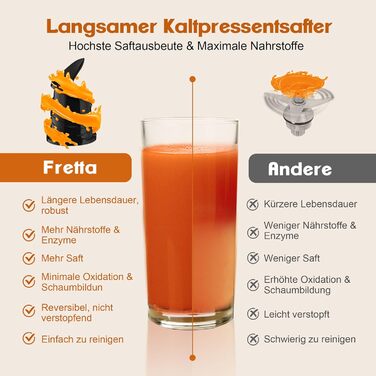 Fretta Slow Juicer, Winner in Vegetable and Fruit Tests, 250W Stainless Steel Electric Juice Extractor, Cold Press Juicer Machine with 135mm Large Opening, Easy to Clean, Reverse Function, BPA Free