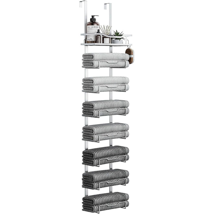 Настінний тримач для рушників у ванну кімнату, без свердління, 6-ярусна наддверна полиця для рушників, багаторівневий тримач для рушників на двері, для компактних ванних кімнат (срібний, 8 ярусів)