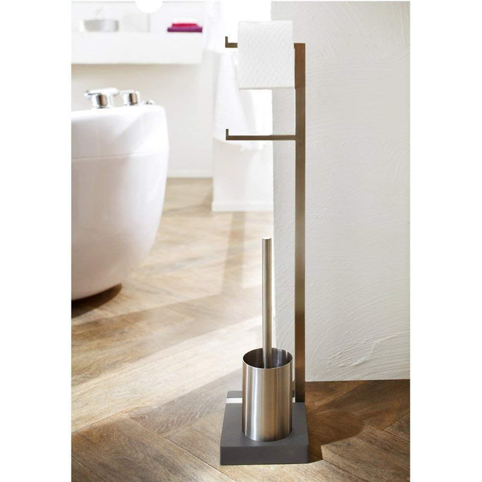 MENOTO - Stand WC-Garnitur (Toilet Butler) - Brushed Stainless Steel, Freistehend (Free-standing), Holds 2 Toilet Rolls, Exclusive Design, Bathroom Accessory (H/W/D: 71 x 20 x 15 cm, Brushed Stainless Steel, 68623)