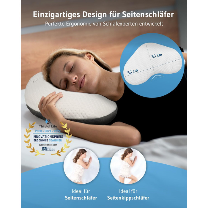 Third of Life Orthopedic Side Sleeper Pillow Twist with innovative Intense cover, Memory Foam Pillow against neck pain, Ergonomic pillow for side sleepers & allergy sufferers
