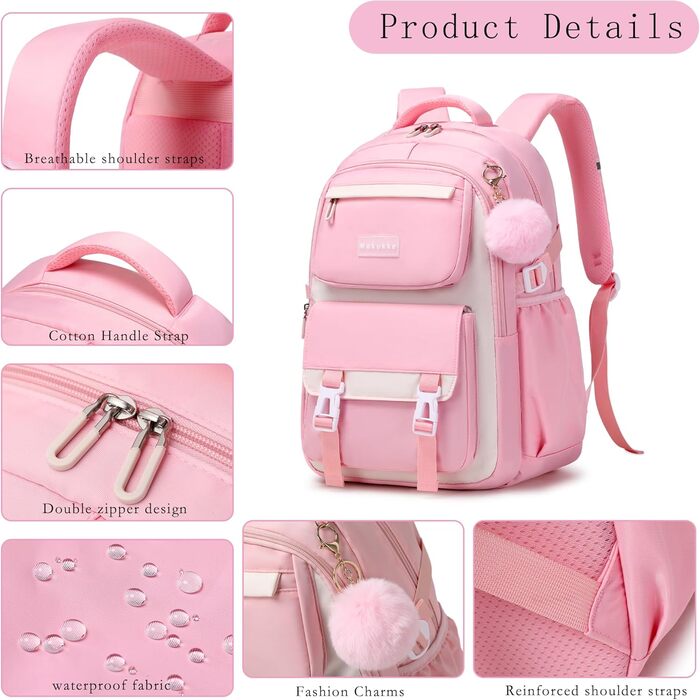 Шкільний рюкзак Makukke для дівчаток та підлітків, 30L, рожевий. Набір шкільних рюкзаків, водонепроникний, з багатьма кишенями. Підходить для хлопчиків та дівчат.