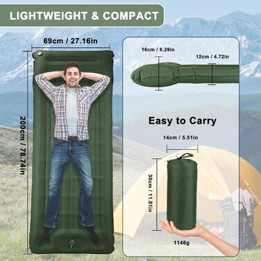 Каремат для кемпінгу Techshare самонадувний, потовщений, з насосом. Підходить для туризму, відпочинку на природі та кемпінгу