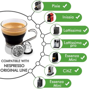 Багаторазові капсули Capmesso з нержавіючої сталі для кавомашин Nespresso OriginalLine, 6 шт. + 100 кришок + дерев'яна підставка