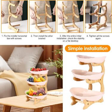 DEECOZY Трирівнева етажерка для фруктів та овочів з бамбуковим підставкою, пластикова фруктова миска, економія місця, для сім'ї, сучасний дизайн (Білий, Бежевий)