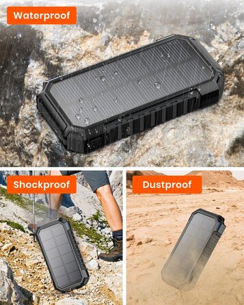 Powerbank Riapow сонячний бездротовий 26800mAh: акумулятор з USB-C, LED-ліхтарик для смартфона, планшета, кемпінгу (чорний)