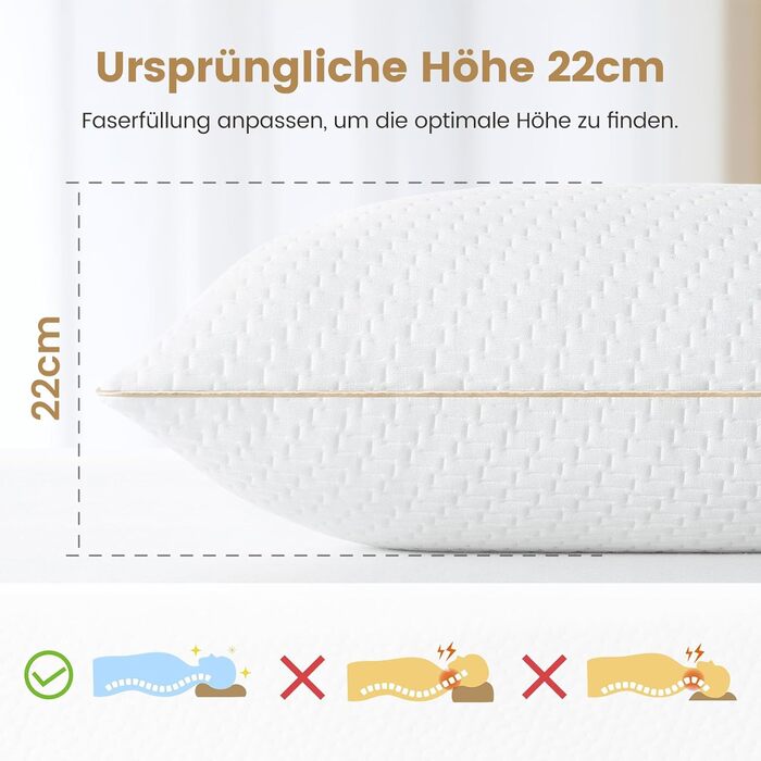 BedStory Pillow 40x80 2-Pack with Removable Bamboo Fiber Cover, Anti-Mite and Antibacterial Pillow Filled with 950g x 2 Microfibers, Hypoallergenic, Comfortable, Soft, and Breathable Pillow