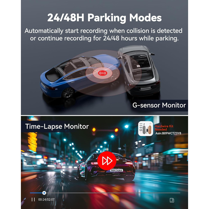 Відеореєстратор REDTIGER F9: 4K/1080P, WiFi, GPS, 32GB карта, запис по колу, нічне бачення, паркувальний режим, керування через додаток, підтримка до 256GB