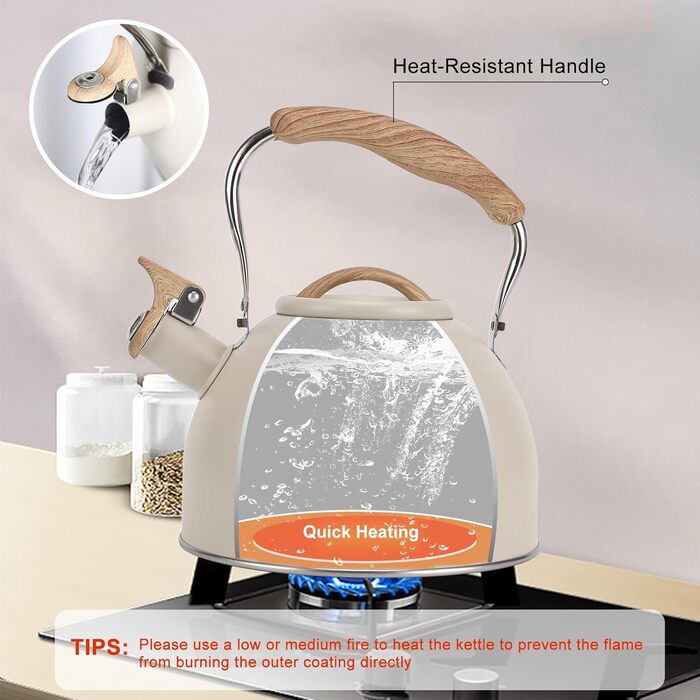 Чайник для плити Vegoran 3 літри, з гучним свистком, з нержавіючої сталі з дерев'яним декором, з клапаном, для чаю, кави, молока (зелений)