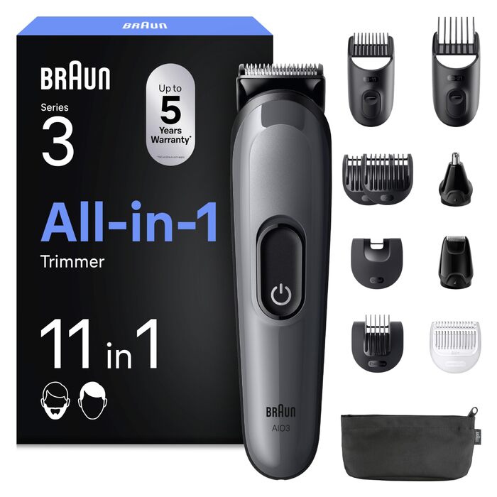 Braun Multigroom Series 3 AIO3545: Триммер 8-в-1 для бороди, волосся та тіла (сірий)