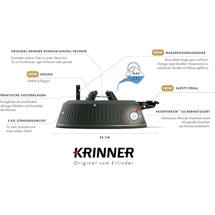 KRINNER® X-Series Christmas Tree Stand X-260 New Christmas Tree Stand incl. Foot Pedal and 3.5 Liter Water Tank for Tree Height up to 2.6m Made IN Germany 94325