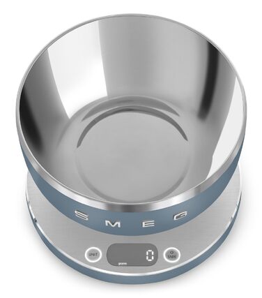 Кухонні електронні ваги Smeg KSC01BLMWW з чашею з нержавіючої сталі, функцією тари, 4 одиниці вимірювання, до 5 кг, сині