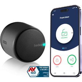 Розумний дверний замок tedee Lock GO, Bluetooth, керування через додаток, без заміни циліндра, для iPhone та Android, Smart Home, чорний, 58x65 мм
