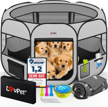 LOVPET® Pop-Up Dog Playpen with Bowl & Fleece Blanket - Portable Indoor/Outdoor Pet Pen for Small Dogs & Cats - Oxford Fabric