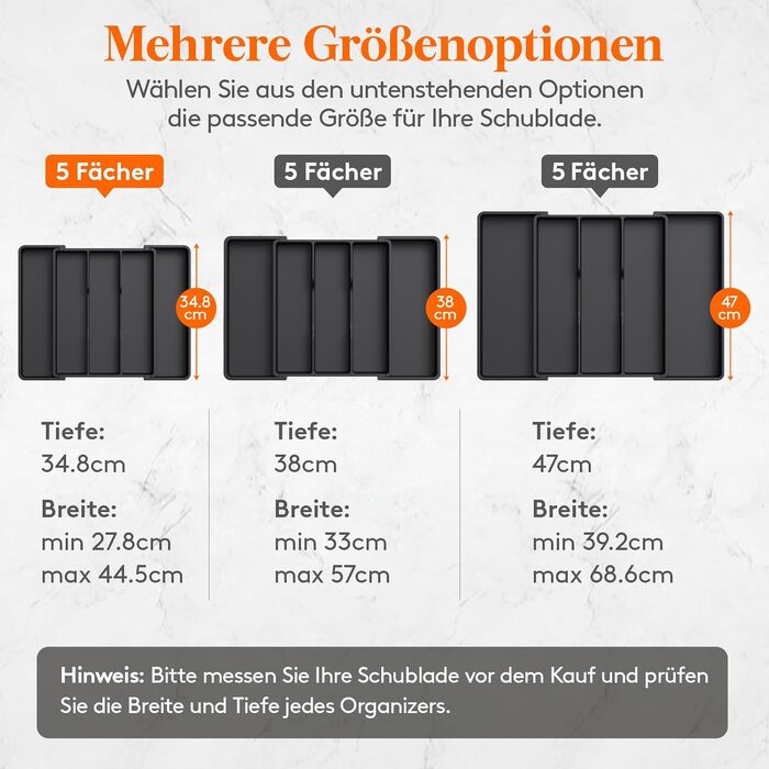 Органайзер для столових приборів Lifewit в шухляду, розширюваний 38-57 см, чорний, пластик, 28-44.5 x 35 x 4 см
