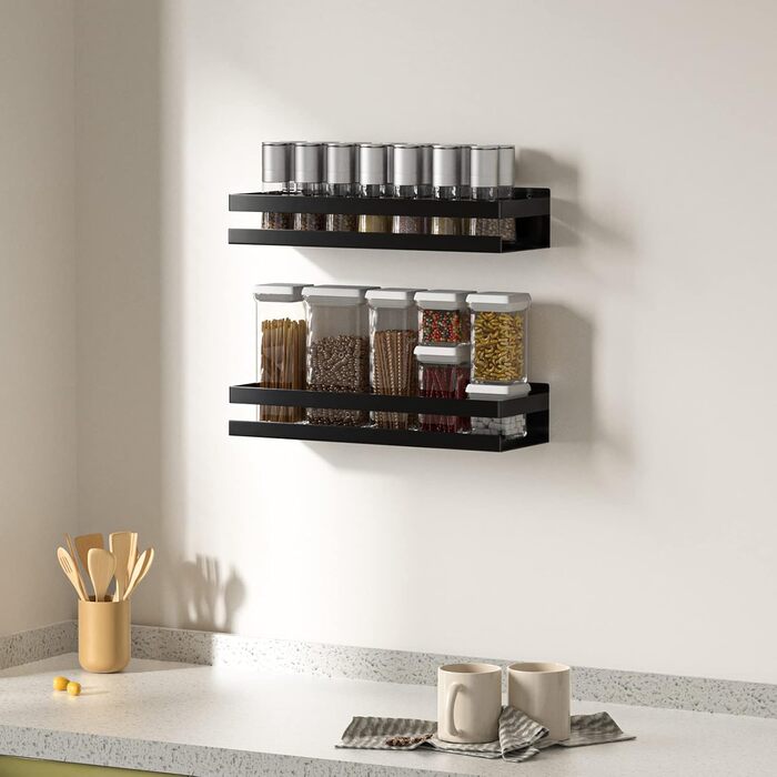 Tedsrewa Spice Rack Wall 2-Piece Set Stainless Steel Spice Rack, Black Spice Rack Hanging No Drilling, Used as Kitchen Cabinet Organizer Kitchen Shelf Wall Kitchen Shelf For Spices - 30×10×6CM