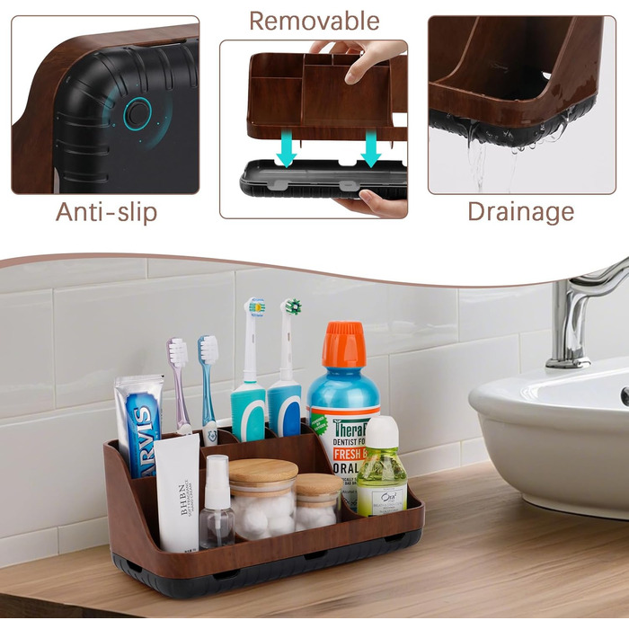 Тримач для зубних щіток у ванну кімнату: органайзер для електричних щіток та пасти, 7 відділень, дерев'яний (колір коричневого дерева)