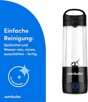 Портативний блендер Nutribullet Portable Smoothie Maker, бездротовий міні-міксер для смузі та коктейлів, 475 мл, BPA-free, чорний, NBP003B