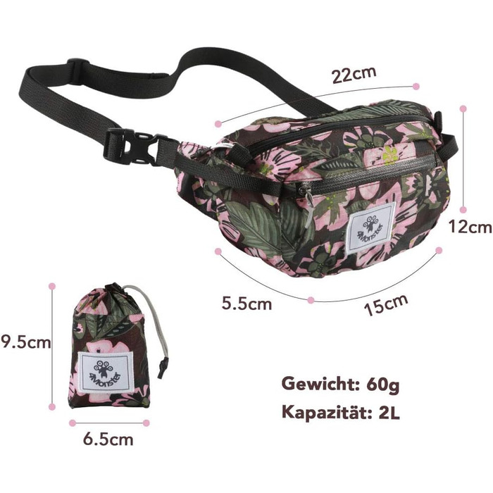 Водонепроникна поясна сумка 4Monster для чоловіків та жінок, 2L, армійний зелений/квітковий рожевий, для подорожей, спорту та активного відпочинку