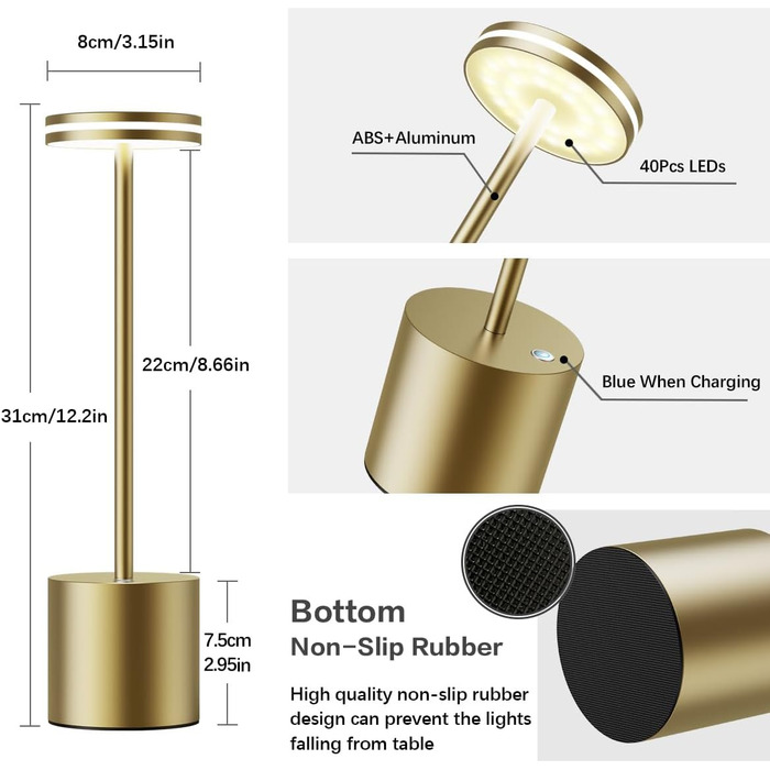 LED лампа Hapfish настільна бездротова, акумуляторна, 5000mAh, сенсорне керування, регулювання яскравості, з батареєю, алюміній, 3 колірні температури, для вулиці, нічника, столу, робочого столу – (2 шт. бронза)