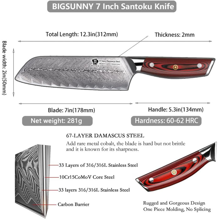 Японський ніж Santoku WILDMOK з дамаської сталі, 17.8 см, професійний для м'яса та овочів, VG10 сталь, Full Tang, G10 рукоятка, серія Song