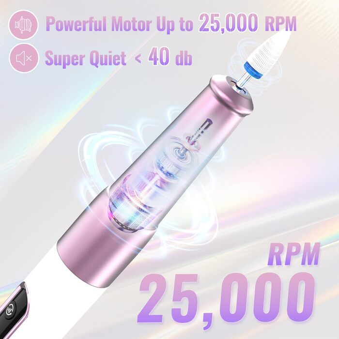 Електричний фрезер для нігтів Denabuty DN-2502Z Violett: 12-в-1, USB, 5 швидкостей, манікюр/педикюр