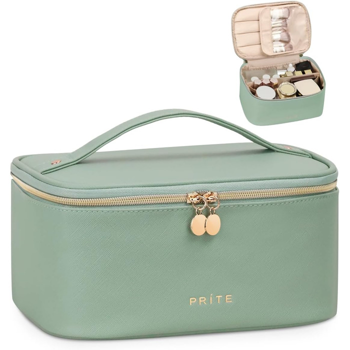 Велика косметичка для жінок, дорожня косметичка з водонепроникної шкіри, портативний косметичний мішечок або сумочка для макіяжу з ручкою та знімним роздільником (зелена)