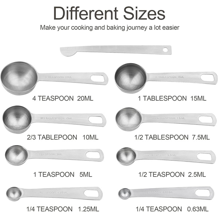 Measuring Cup and Spoon Set - 18 Piece, 18/8 (304) Stainless Steel, Robust Material - 7 Measuring Cups, 8 Measuring Spoons, 1 Leveler, 2 Rings