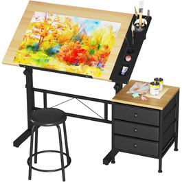 Adjustable Drafting Table with Tilt - 0-60° - Includes Stool & Storage - Wood Finish for Home & Office