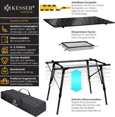 Кемпінговий стіл KESSER® розкладний з алюмінієвим каркасом, регулювання висоти, 90 x 53 см, до 30 кг, з сумкою та сітчастою кишенею, чорний