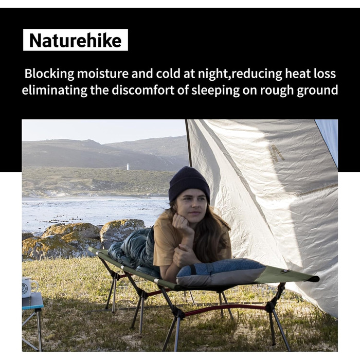 Кемпінгове ліжко Naturehike - ультралегке, розкладне, з регулюванням висоти, до 150 кг, армійного кольору