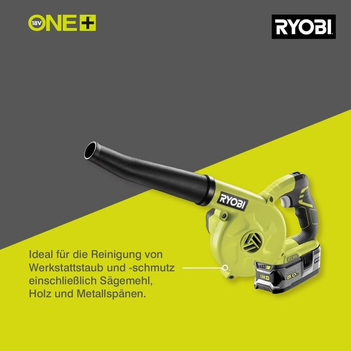 Повітродувка акумуляторна RYOBI 18V ONE+ R18TB-0, 2,9 м³/хв, 200 км/год, без акумулятора та зарядного пристрою