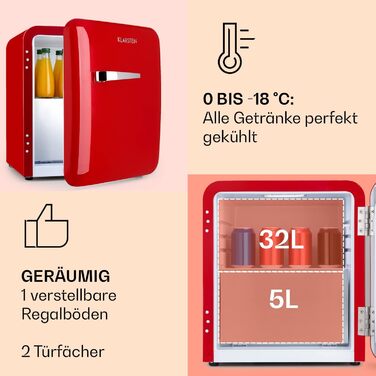 Klarstein Mini Kühlschrank з морозильною камерою 37л: компактний холодильник для напоїв та косметики, ретро-дизайн, тихий, для кімнати, 2в1, червоний, енергоклас E