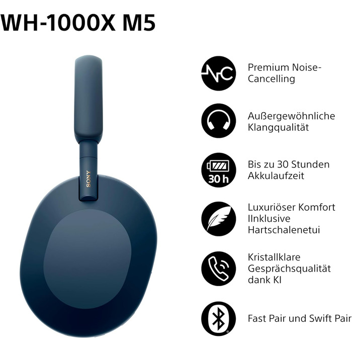 Навушники Sony WH-1000XM5 Bluetooth чорного кольору з шумозаглушенням та кейсом. Hi-Res Audio, до 30 год роботи, для iOS/Android