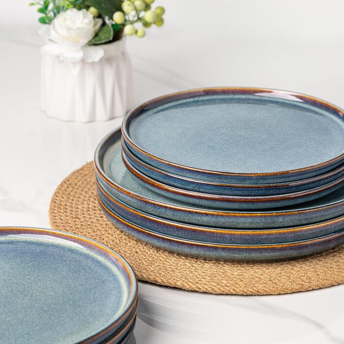 Набір посуду AmorArc Ceylon Blue для 8 осіб (24 елементи): тарілки та миски, кераміка, реактивна глазур